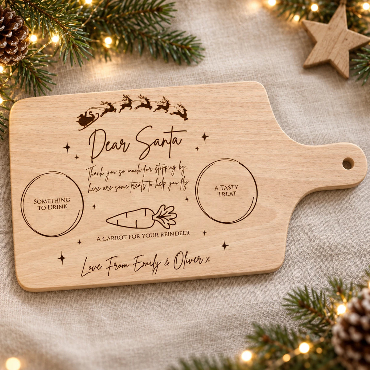 Personalised Christmas Eve Board - Santa Treat Milk & Rudolph, Engraved Beechwood