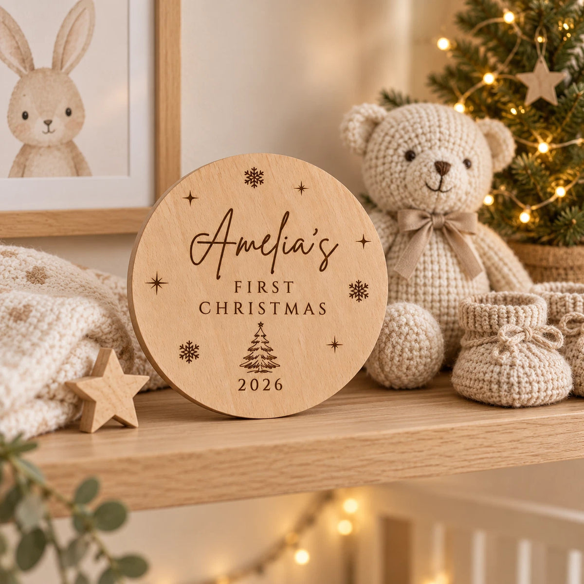 Personalised Baby's First Christmas Wooden Milestone Disc - Keepsake Photo Prop