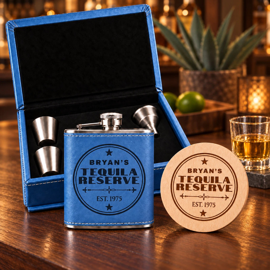 Personalised Hip Flask Gift Set & Coaster - Engraved Christmas Gift for Dad, 6oz