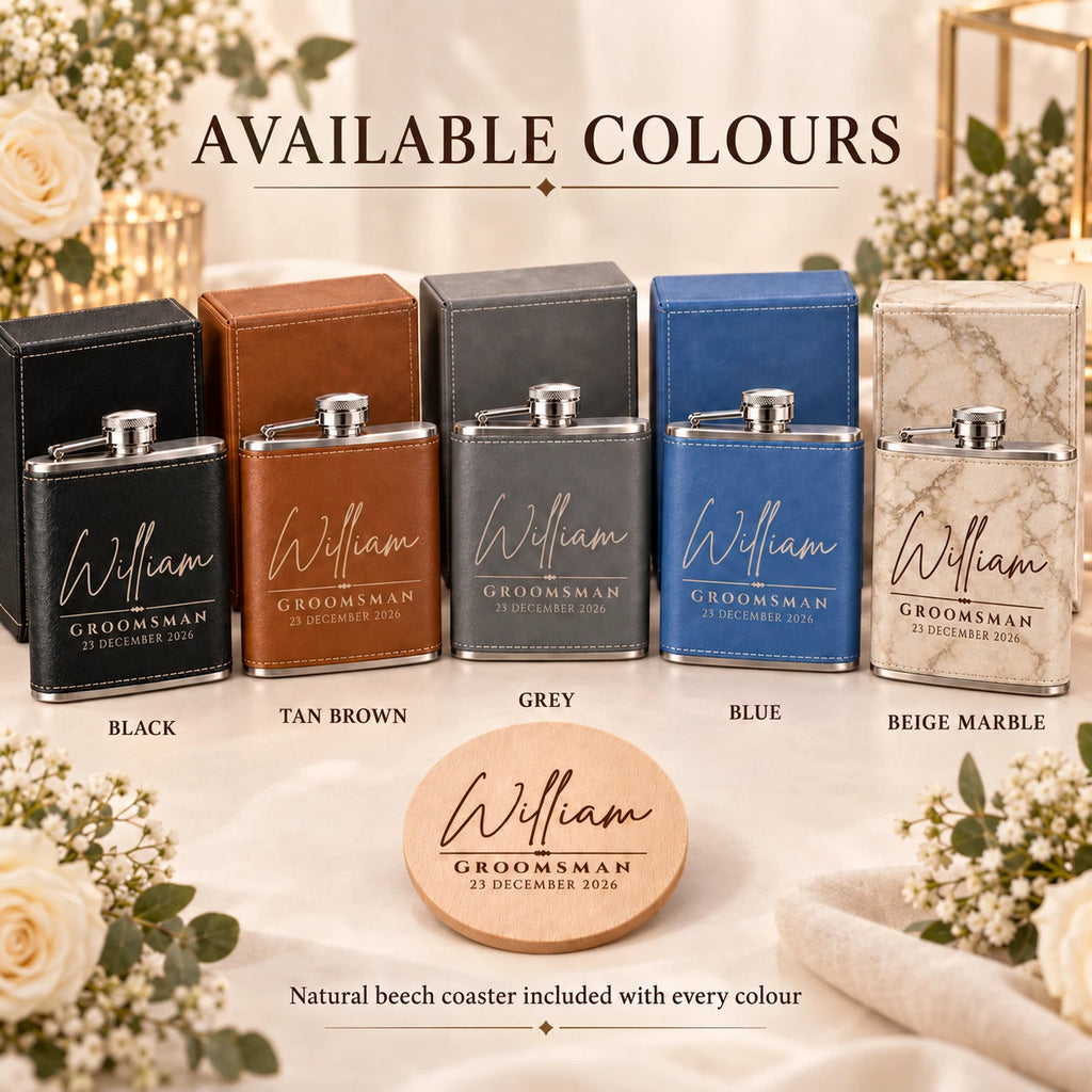 Personalised Wedding Hip Flask Gift Set - Best Man & Groomsman, Engraved Coaster
