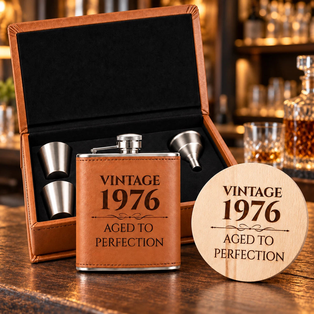 Personalised Hip Flask Gift Set - Vintage Year, Engraved Coaster, Choice of Colour