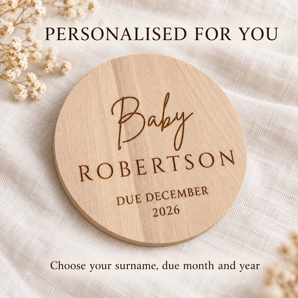 Personalised Baby Announcement Plaque - Wooden Pregnancy Reveal Due Date Disc, 10cm