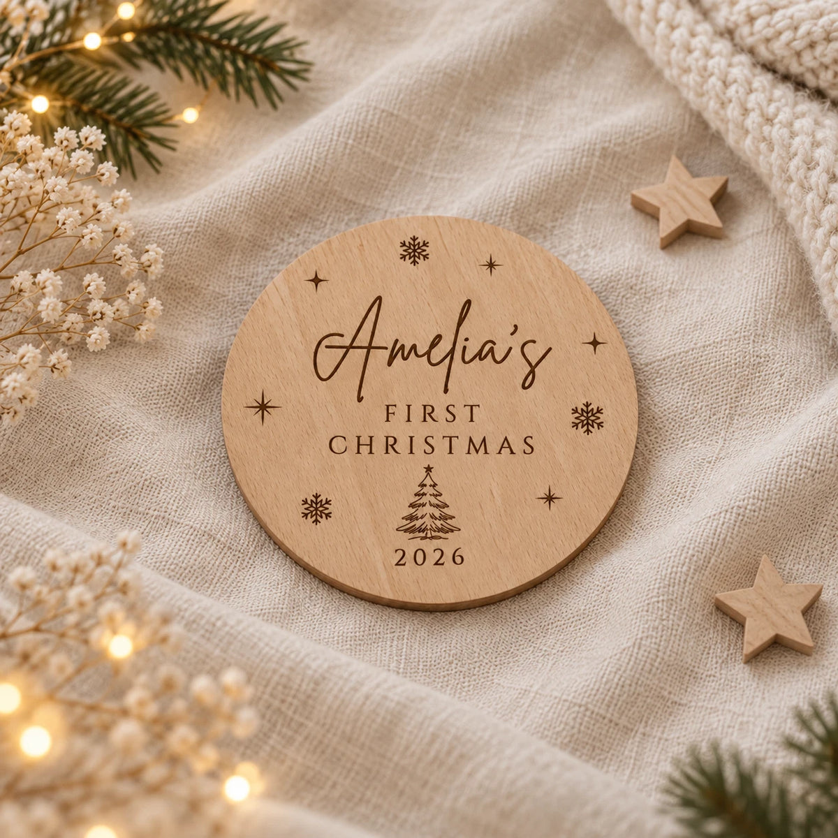 Personalised Baby's First Christmas Wooden Milestone Disc - Keepsake Photo Prop
