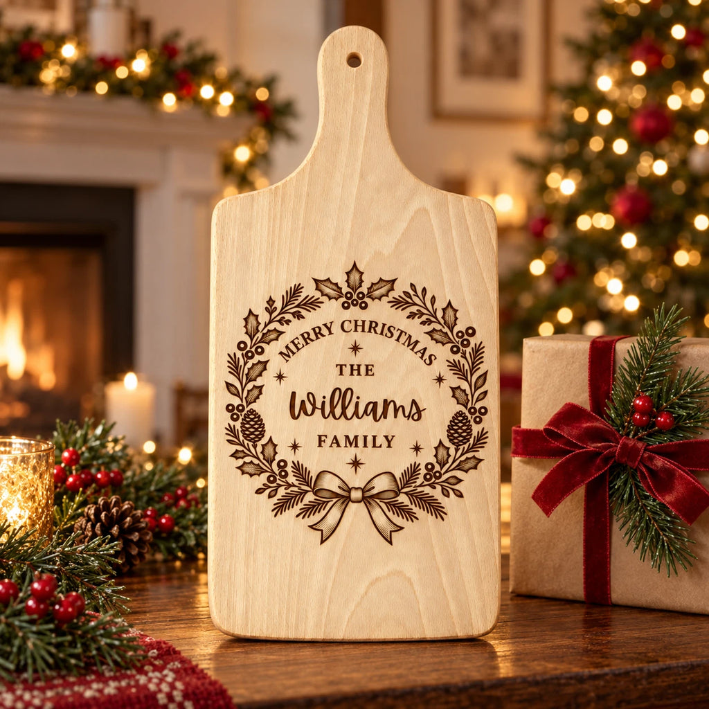 Personalised Christmas Serving Board - Wreath Family Name, Engraved Wooden 30x20cm