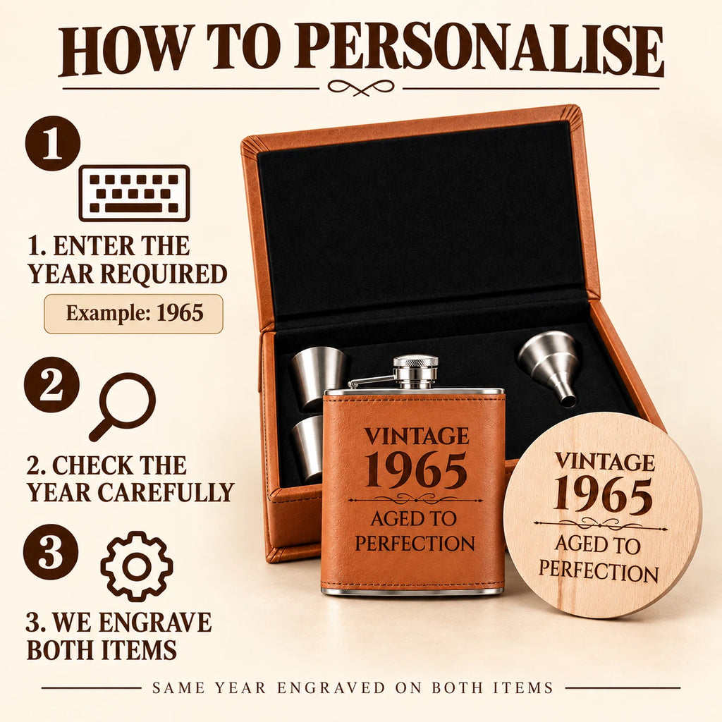Personalised Hip Flask Gift Set - Vintage Year, Engraved Coaster, Choice of Colour