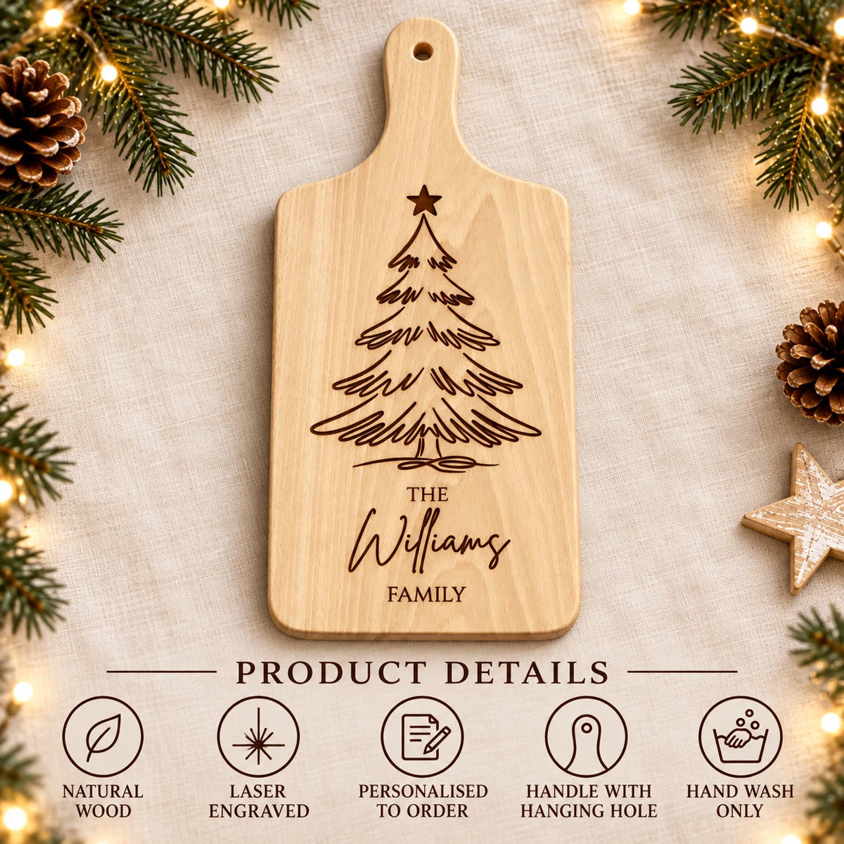 Personalised Christmas Chopping Board - Family Name, Engraved Wooden Serving Board