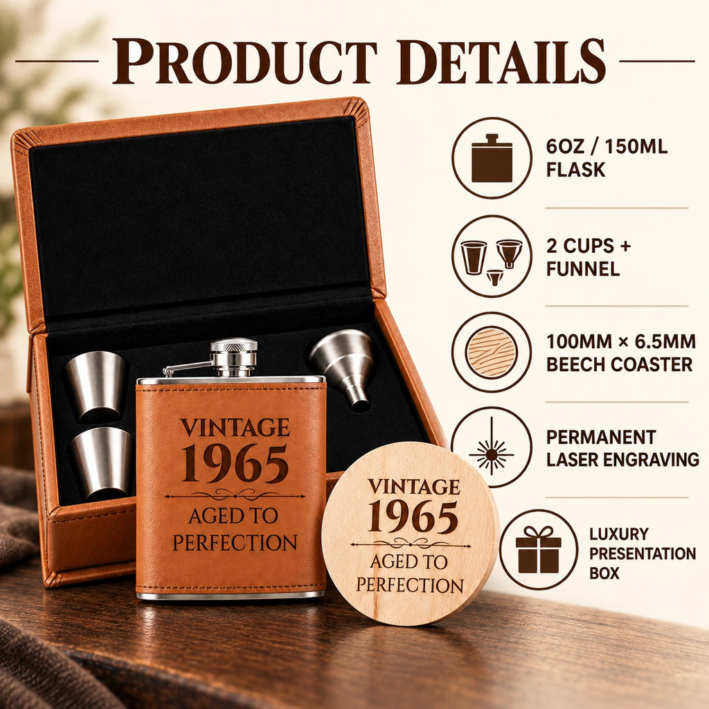 Personalised Hip Flask Gift Set - Vintage Year, Engraved Coaster, Choice of Colour