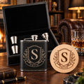 Personalised Family Crest Hip Flask Gift Set - Engraved Coaster, Choice of Colour