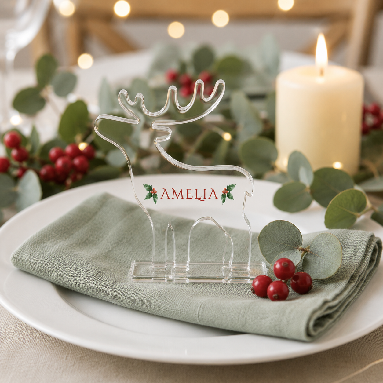 Small personalised freestanding reindeer used as place setting
