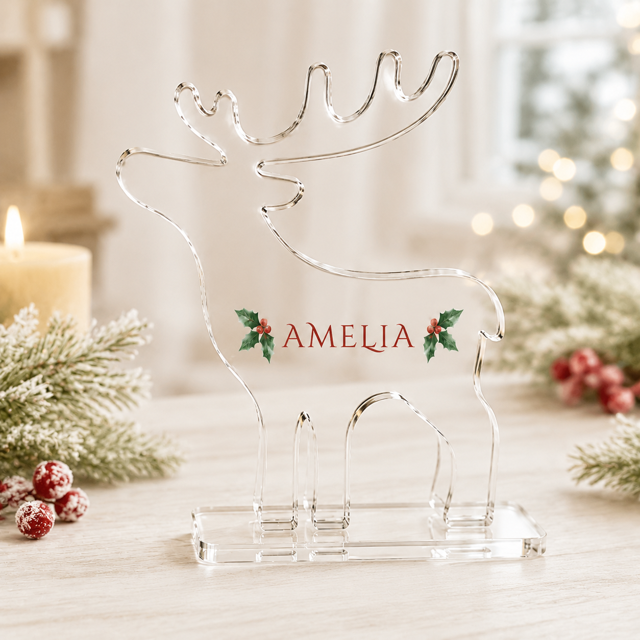 Small personalised freestanding reindeer styled on tabletop with candles