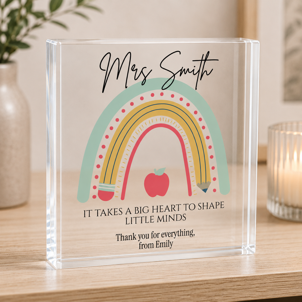 Personalised teacher acrylic block gift with name and message