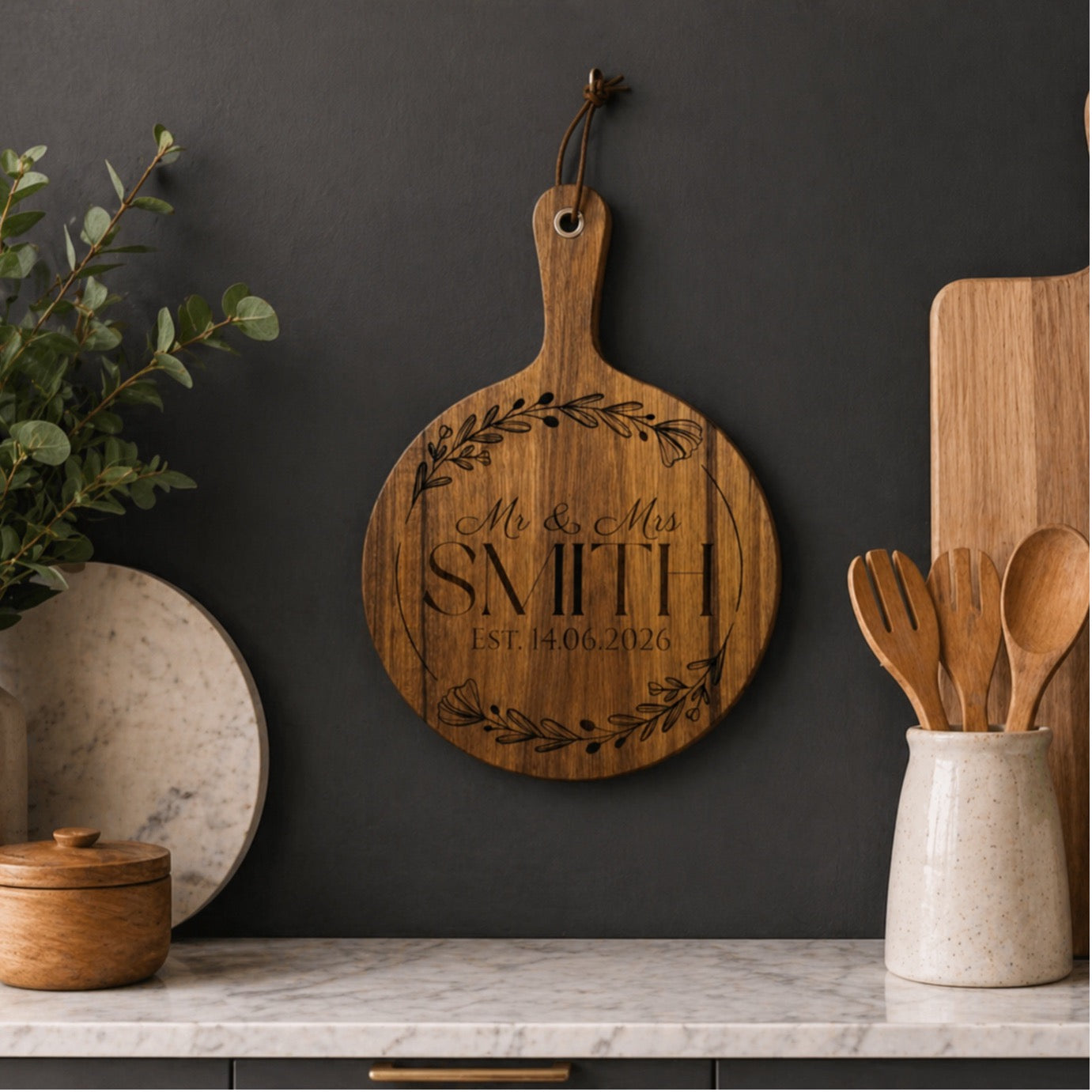 Personalised wedding acacia chopping board engraved Mr and Mrs with date