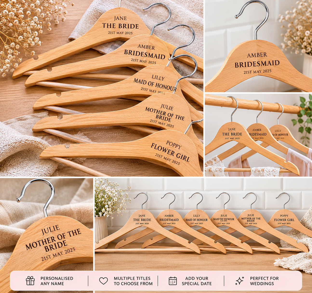 Personalised wooden wedding hanger engraved with bride name and date